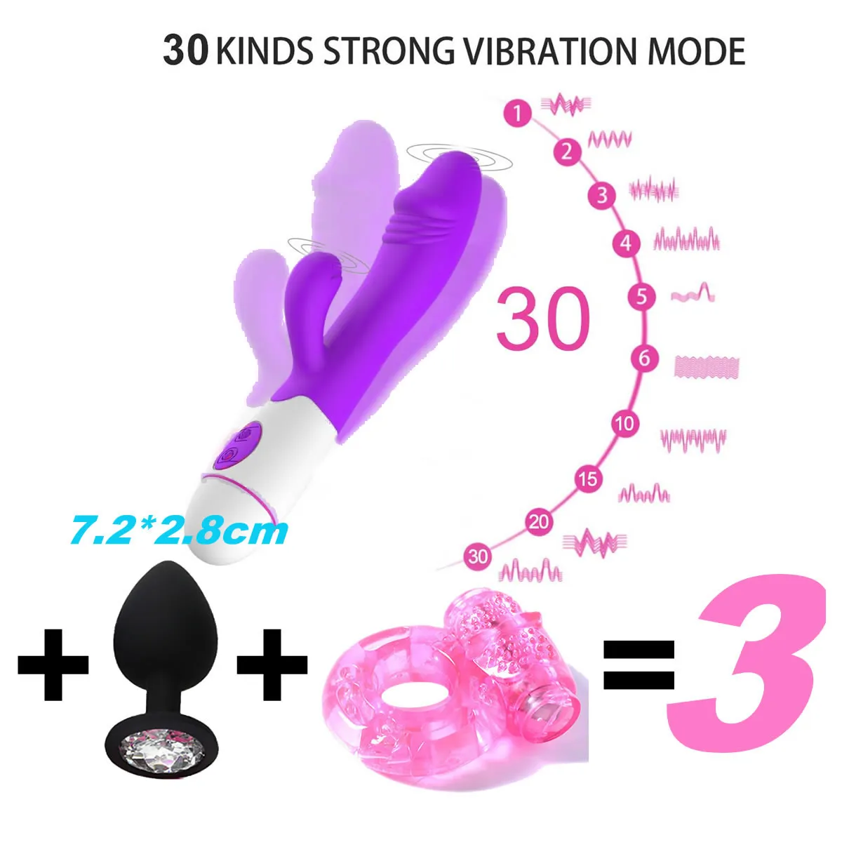 3PCS/SET 30Speed Rechargeable Handheld Silicone Adult Clit Clitoral Clitoris Sex Toy G Spot Dual Motor Rabbit Vibrator for Women