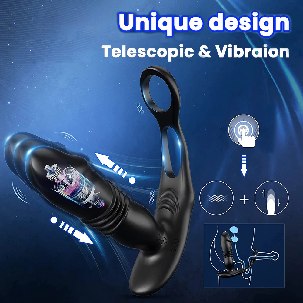 Silicone Anal Vibrator Thrusting Prostate Stimulator Massager Delay Ejaculation Lock Ring Anal Butt Plug Sex Toys Dildos for Men