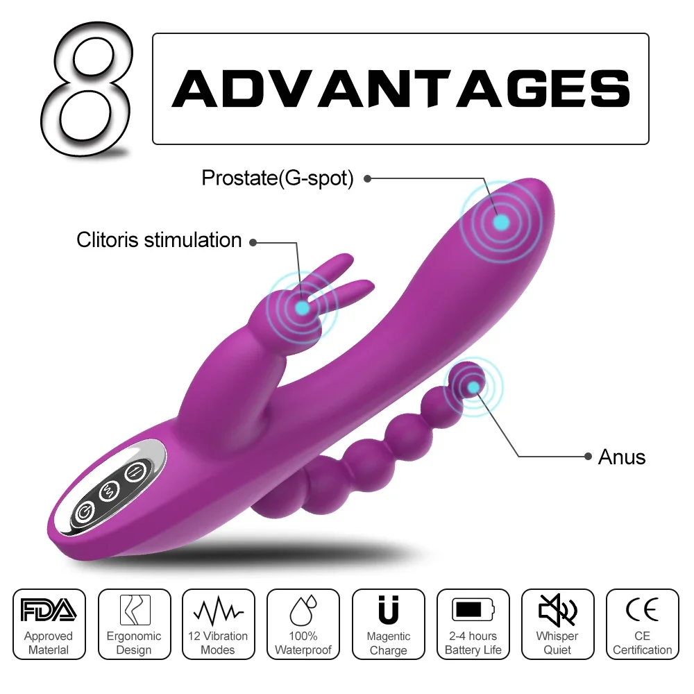 Rabbit Vibrator Clitoris Stimulator 3 in 1 G-Spot Dildo Penis Anal Double Penetration Female Masturbator Sex Toys for Woman 18+