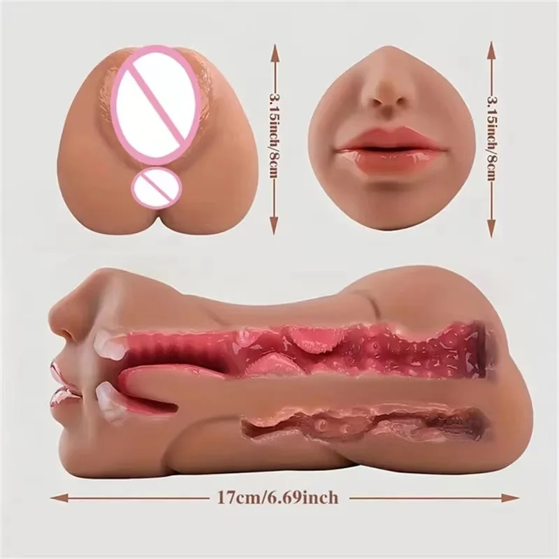 3in1 realistic mouth vagina anal plug male masturbator cup deep throat silicone dildo moves masturbation pleasure toys for men