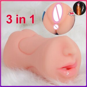 Male Heatable 3 in 1 Mouth Vaginal Anal Masturator Adult Supplies Silicone Realistic Soft Pocket Pussy Adult Toys Men Sex Toys