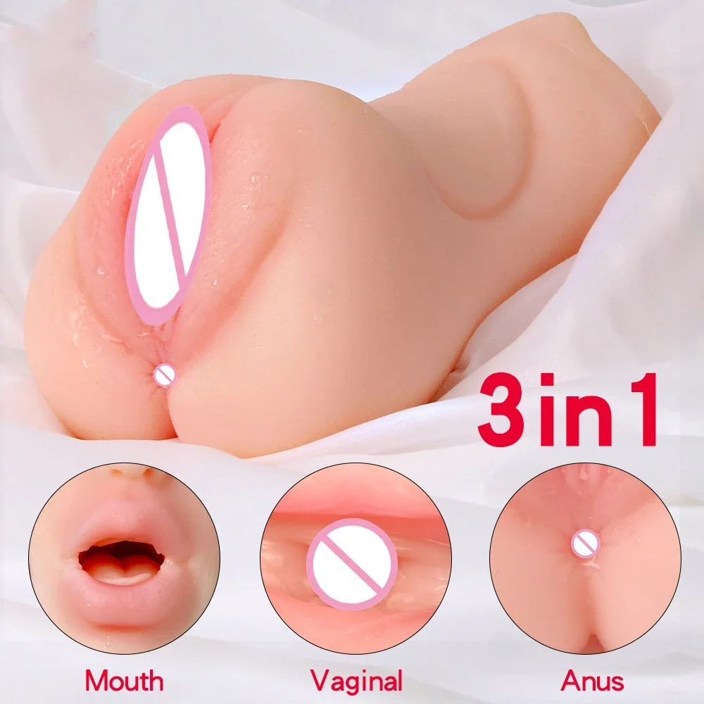 Male Heatable 3 in 1 Mouth Vaginal Anal Masturator Adult Supplies Silicone Realistic Soft Pocket Pussy Adult Toys Men Sex Toys