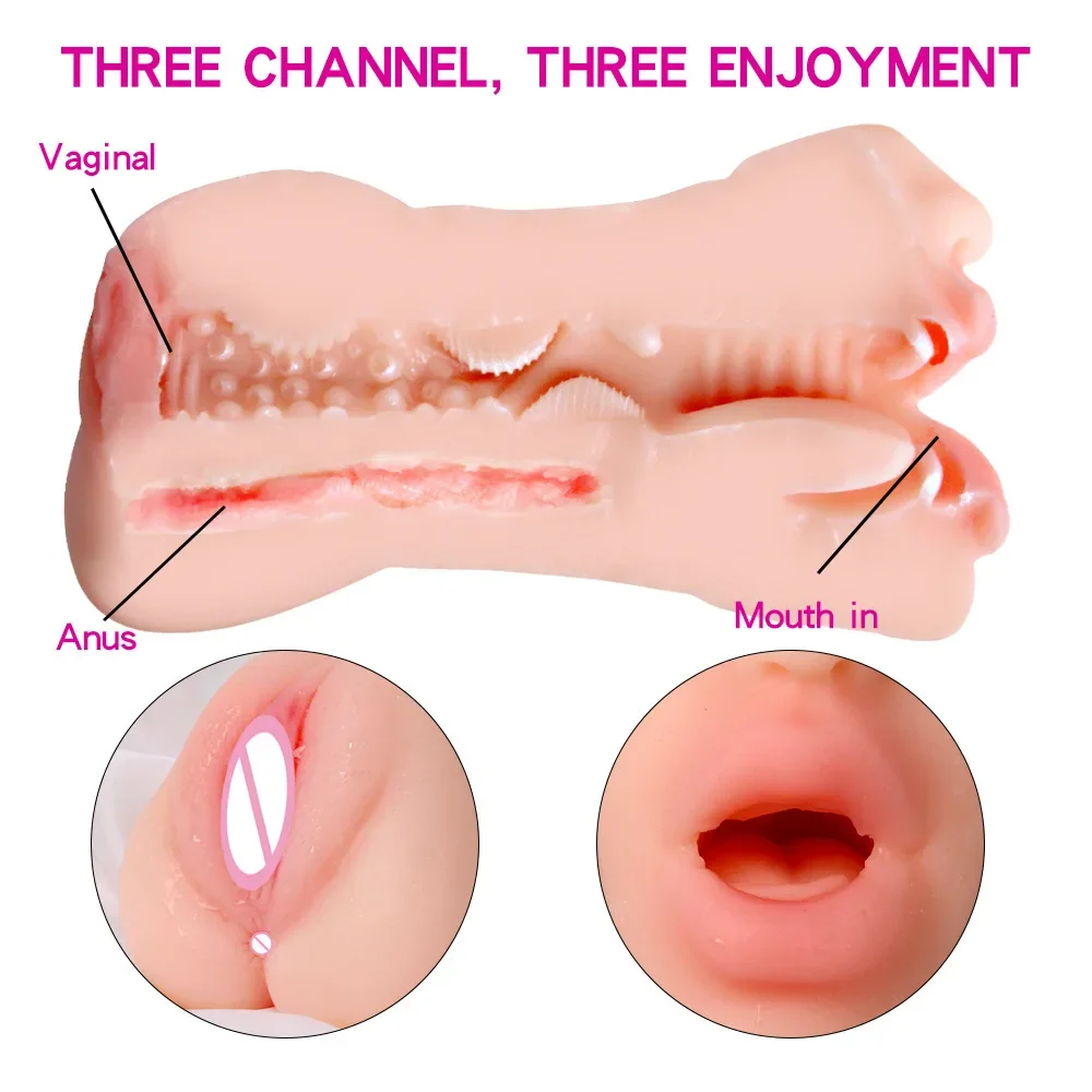 Male Heatable 3 in 1 Mouth Vaginal Anal Masturator Adult Supplies Silicone Realistic Soft Pocket Pussy Adult Toys Men Sex Toys