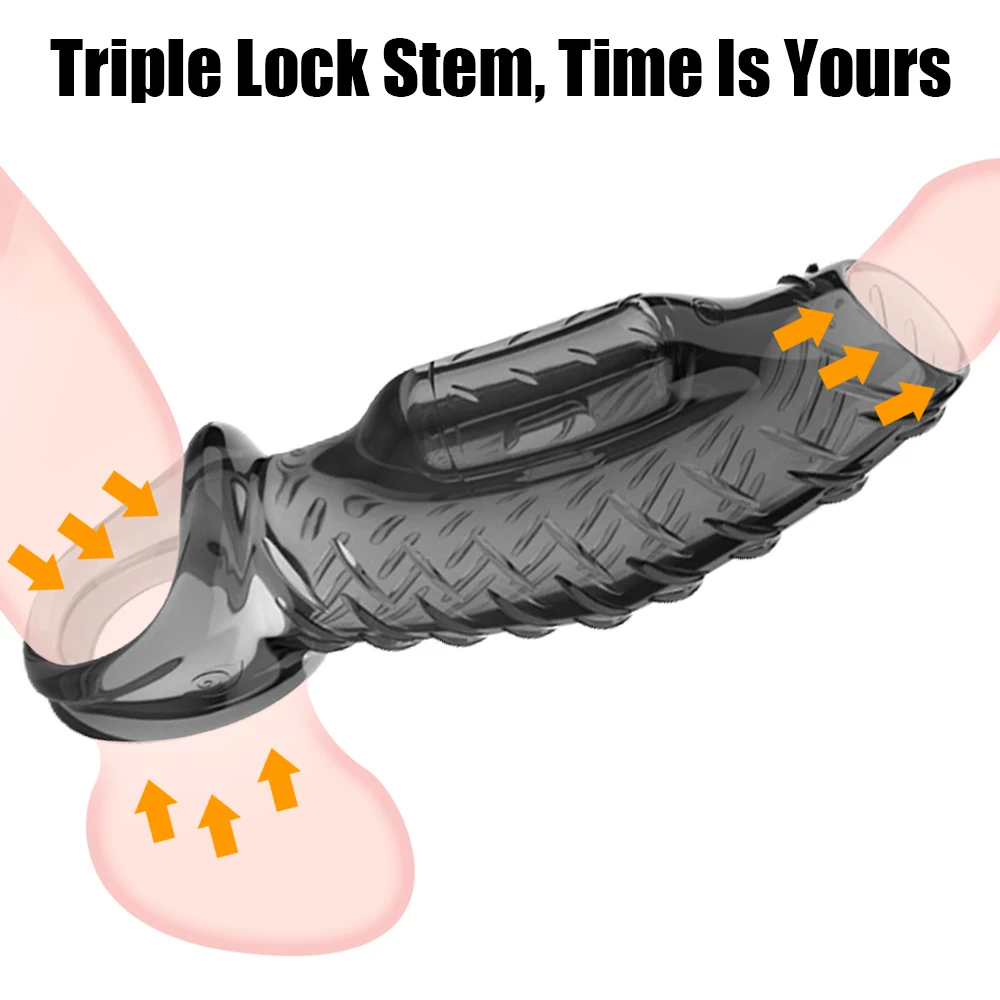 Triple Lock Male Delay Ejaculation Sex Toys For Men Couples Soft TPE Enlargement Extender Penis Vibrating Ring Cock Sleeve
