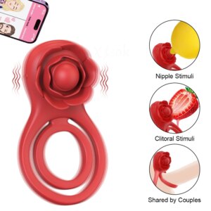 APP Vibrating Cock Ring for Men Ejaculation Delay Clitoris Stimulation Rose-Vibrator Penis Ring  Adult Sex Toy for Couples