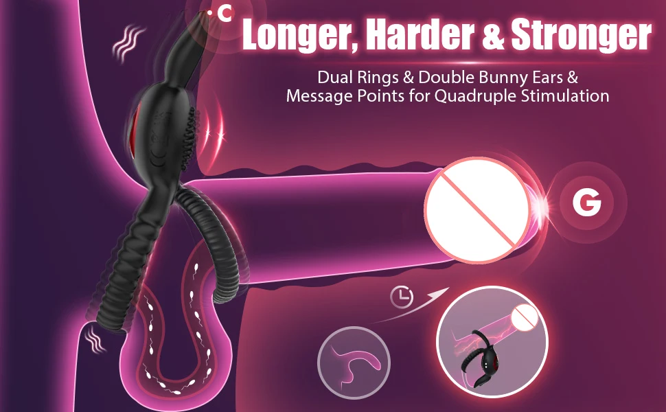 Bunny Ear C G Spot Cock Ring 10 Vibrations Penis Cockring with Spikes Male Erection Delay Ejaculation Sex Toys for Men Couples