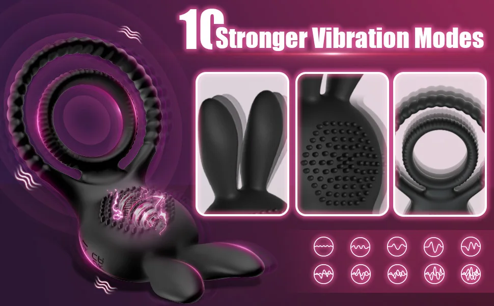 Bunny Ear C G Spot Cock Ring 10 Vibrations Penis Cockring with Spikes Male Erection Delay Ejaculation Sex Toys for Men Couples