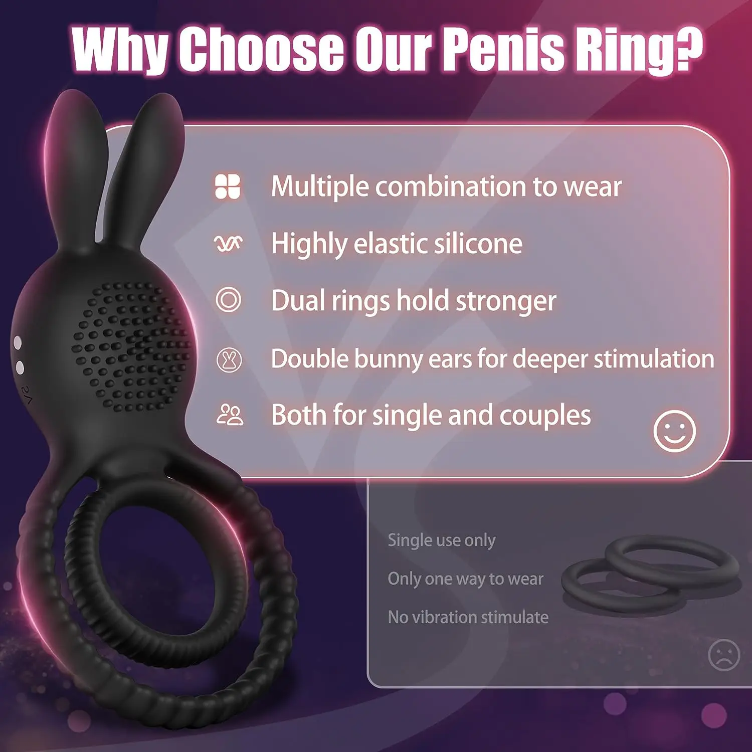 Bunny Ear C G Spot Cock Ring 10 Vibrations Penis Cockring with Spikes Male Erection Delay Ejaculation Sex Toys for Men Couples