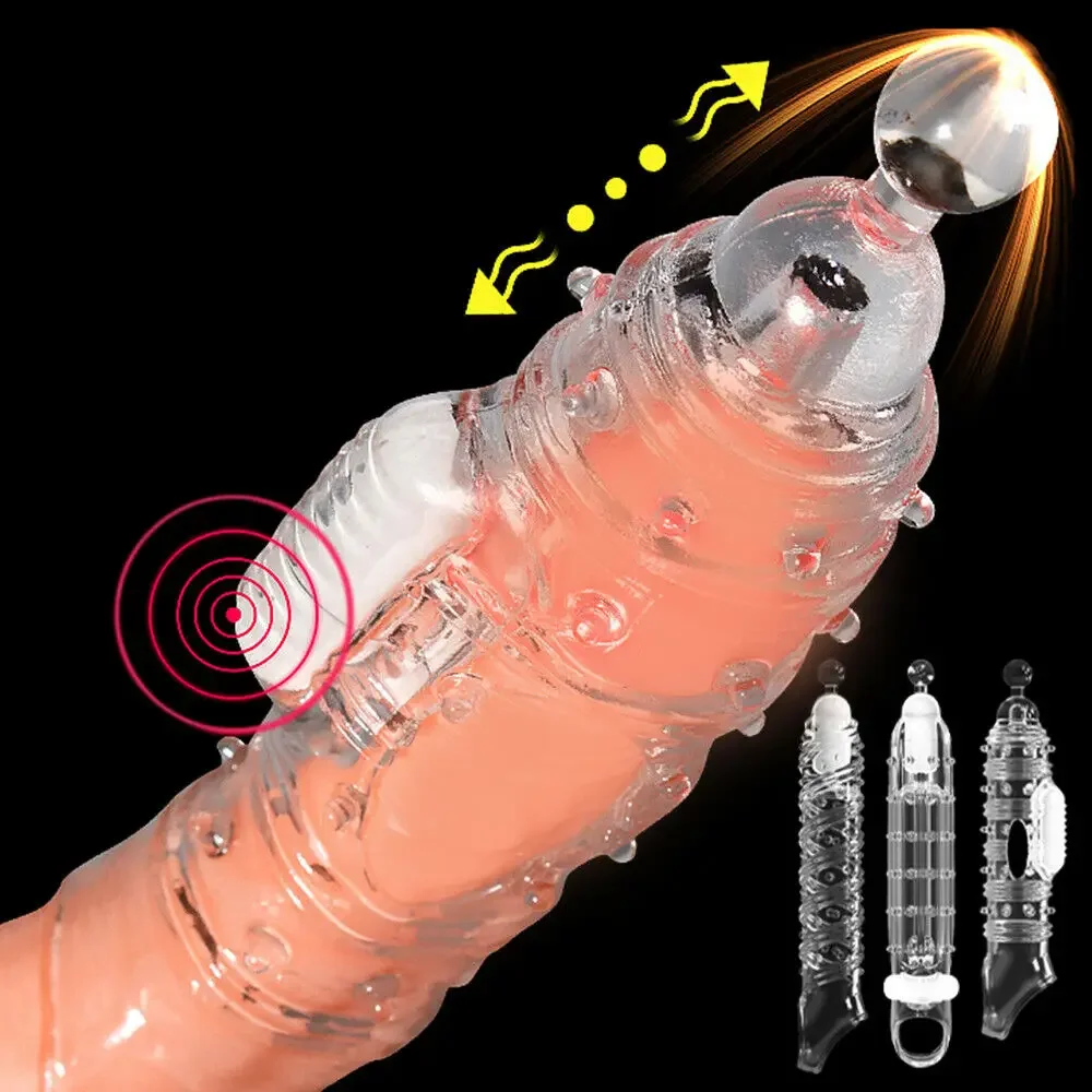 Reusable Penis Sleeve Silicone Condoms with Vibrator Cock Extender Enhancer Enlargement G Spot Clit Stimulator Sex Toys for Men Reusable Penis Sleeve Silicone Condoms with Vibrator Cock Extender Enhancer Enlargement G Spot Clit Stimulator Sex Toys for Men