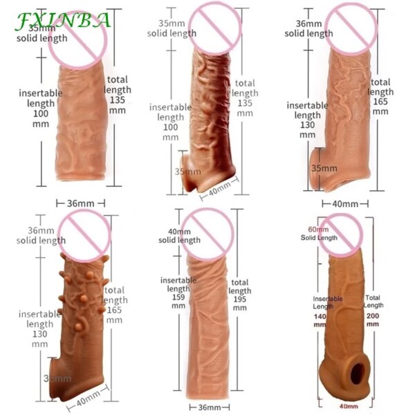 14-20cm Realistic Silicone Penis Extender Sleeve Delay Ejaculation Reusable Condoms Sex Toys For Men Cock Sleeve