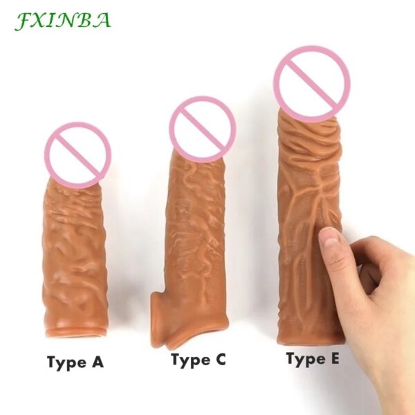 14-20cm Realistic Silicone Penis Extender Sleeve Delay Ejaculation Reusable Condoms Sex Toys For Men Cock Sleeve