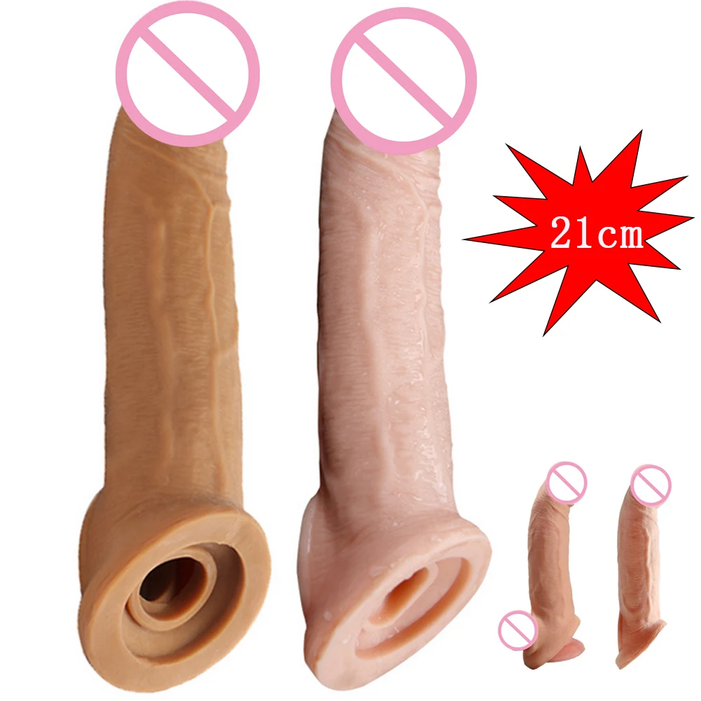21cm Thicken Condom Big Penis Extender Sleeve High Elasticity Cock Ring Delay Ejaculation Intimate Goods Sex Toys For Men
