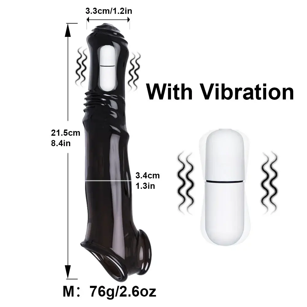 23cm Vibrating Penis Enlargement Sleeve Reusable Condoms Male Penis Cock Ring Extender Sex Toys for Men G Spot Delay Ejaculation