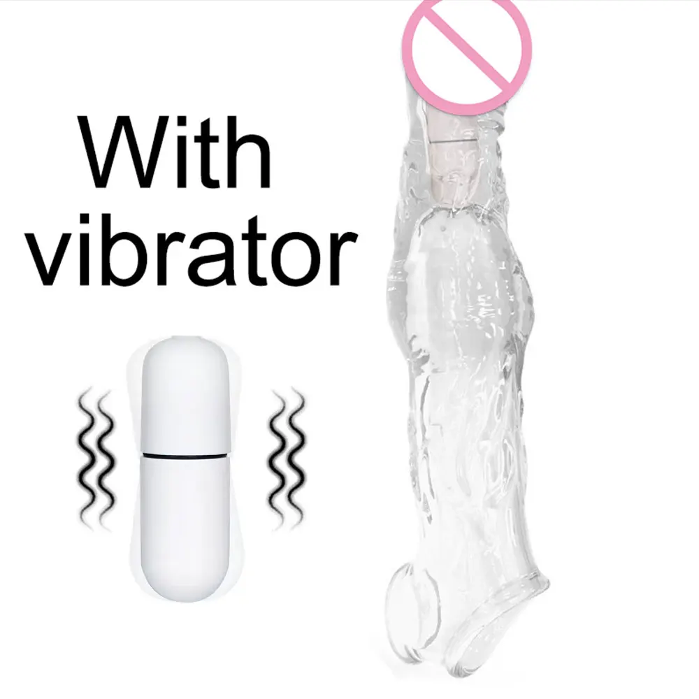 23cm Vibrating Penis Enlargement Sleeve Reusable Condoms Male Penis Cock Ring Extender Sex Toys for Men G Spot Delay Ejaculation