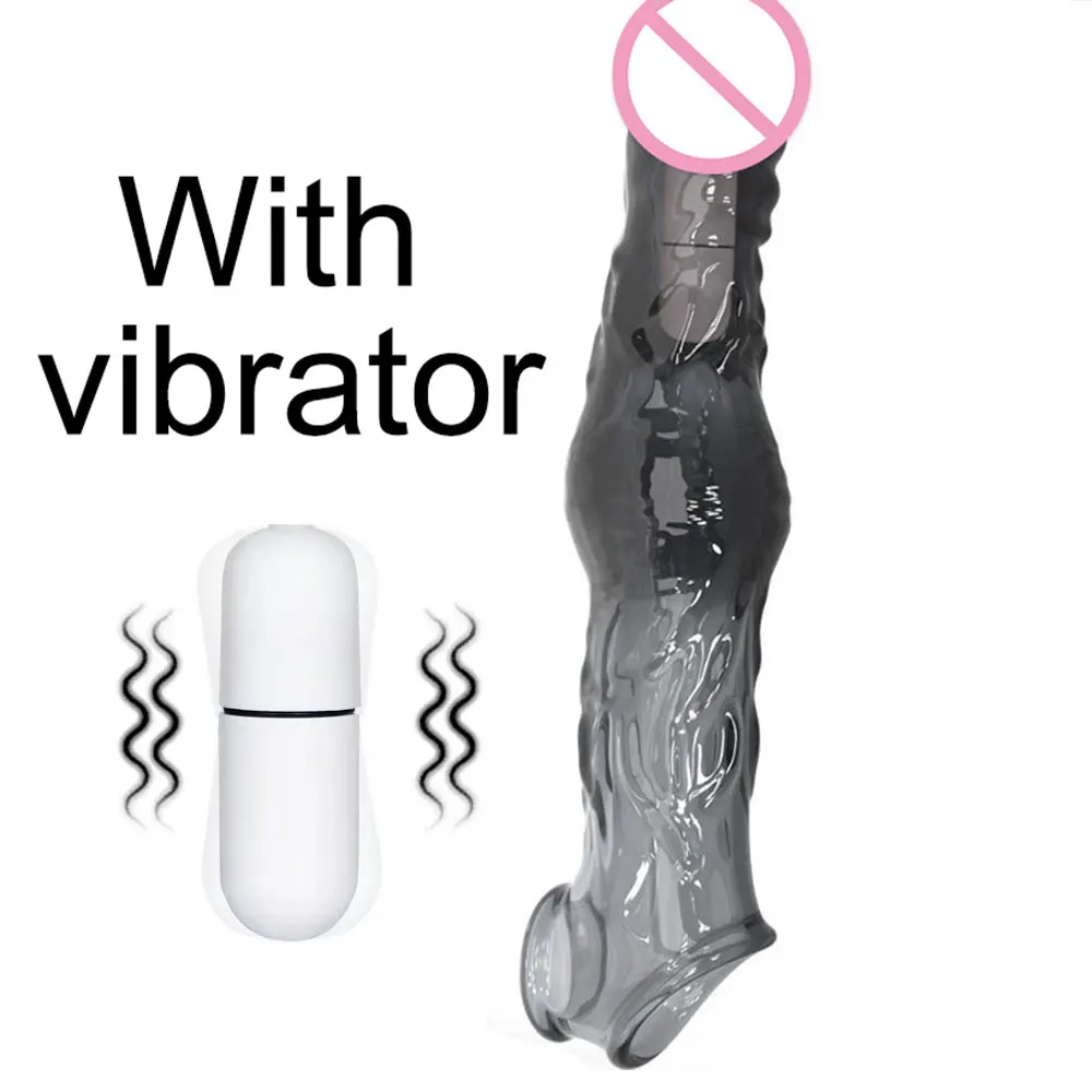 23cm Vibrating Penis Enlargement Sleeve Reusable Condoms Male Penis Cock Ring Extender Sex Toys for Men G Spot Delay Ejaculation