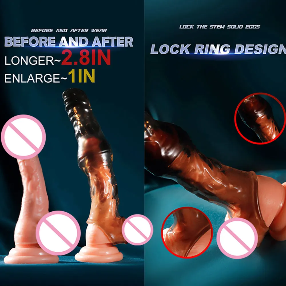 23cm Vibrating Penis Enlargement Sleeve Reusable Condoms Male Penis Cock Ring Extender Sex Toys for Men G Spot Delay Ejaculation