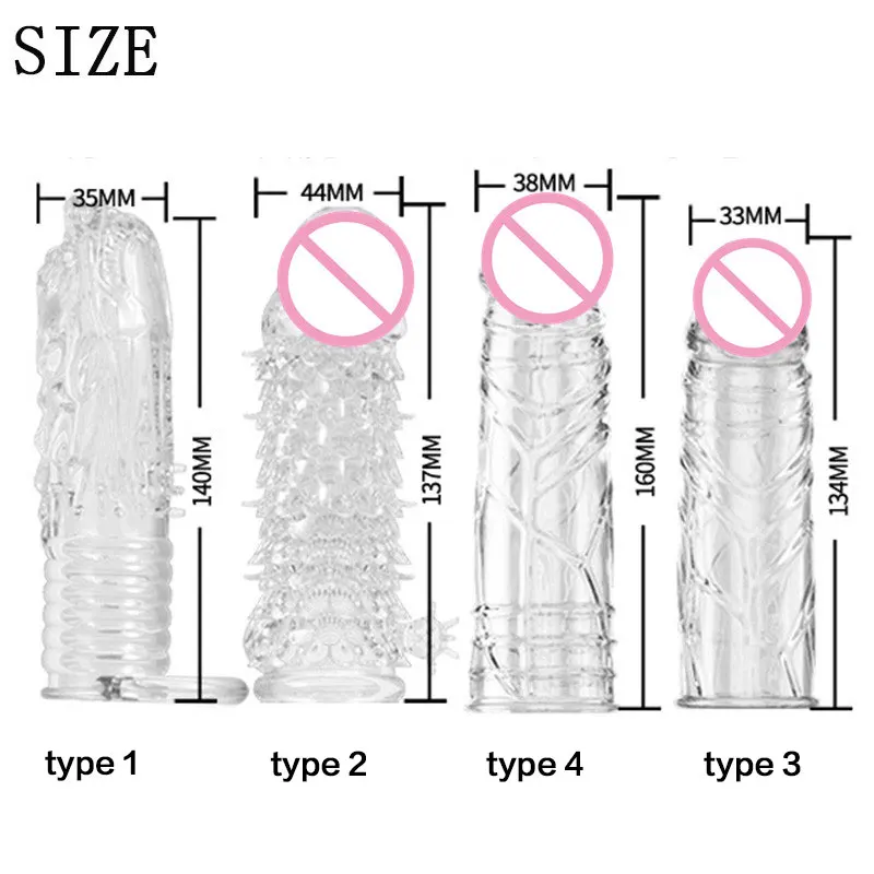 WAKEWAY 4 Types Thicken Penis Enlarge Sleeve Reusable Condom Cock Extender Delay Ejaculation Sex Toys for Men Intimate Goods