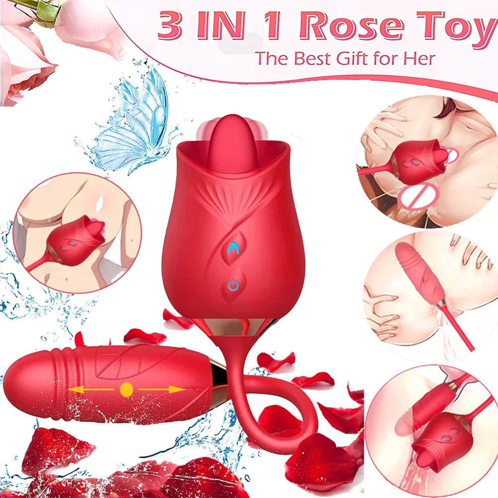 3-in-1 female masturbation rose sex toy Clit Clintoris G-point thrust Dildo oral sex vibrator G-point stimulation licking erotic