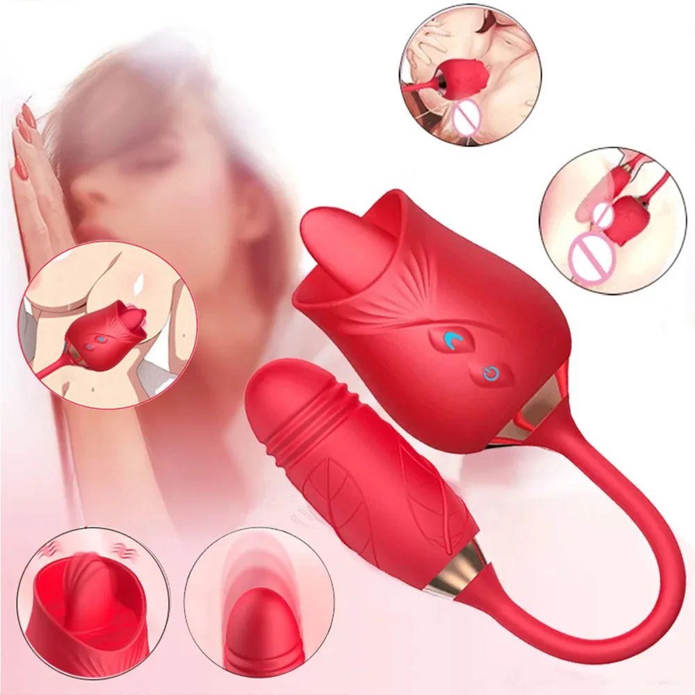 3-in-1 female masturbation rose sex toy Clit Clintoris G-point thrust Dildo oral sex vibrator G-point stimulation licking erotic