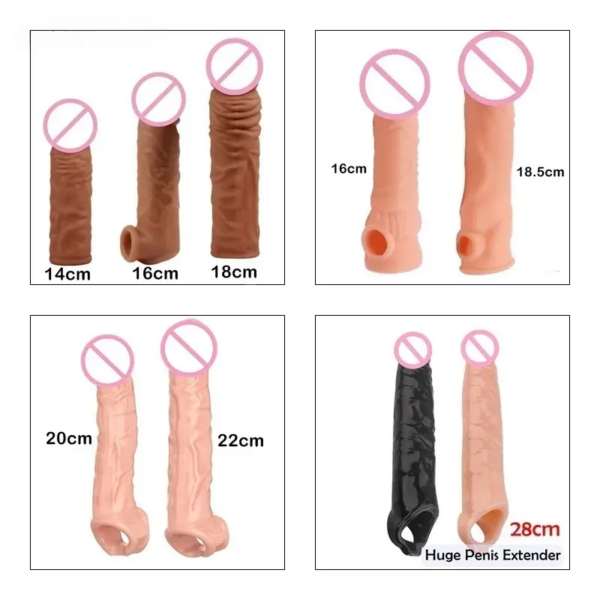 New 14-28cm Realistic Penis Extender Sleeve Reusable Condoms Adults Sex Toys For Men Delay Ejaculation Dick Enlargement