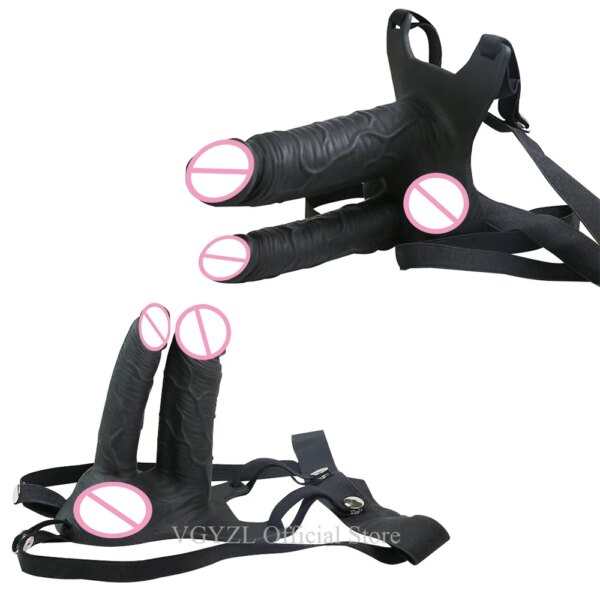 Hollow Silicone Strapon Dildo Vibrator for Men Gay Double Penetration Strap on Dildo Anal Clitoris Stimulator Penis Pump Extend