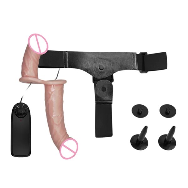 Double Strap on Dildo Vibrator Dual Penetration Strap-on Penis Pants Wearable Vibrating Strap on Belt Sex Toys for Lesbian Women