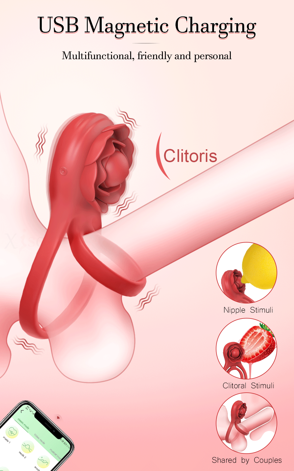 Bluetooth APP Cockring Penis Ring Vibrator for Men Women Clitoris Stimulator Cock Rings Delay Ejaculation Sex Toys for Couple