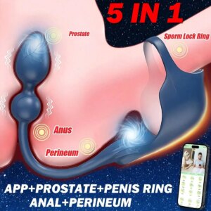 Vibrating Cock Penis Ring with Prostate Anal Butt Plug Vibrator Sex Toys for Men APP Control Testicle Perineum Scrotum Massager