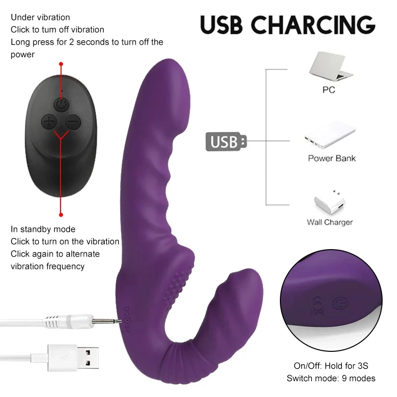 10 Modes Strapless Strap-on Dildo Vibrator with Remote Control for Women Lesbian Couples G-Spot Double-Ended Adult Sex Toys