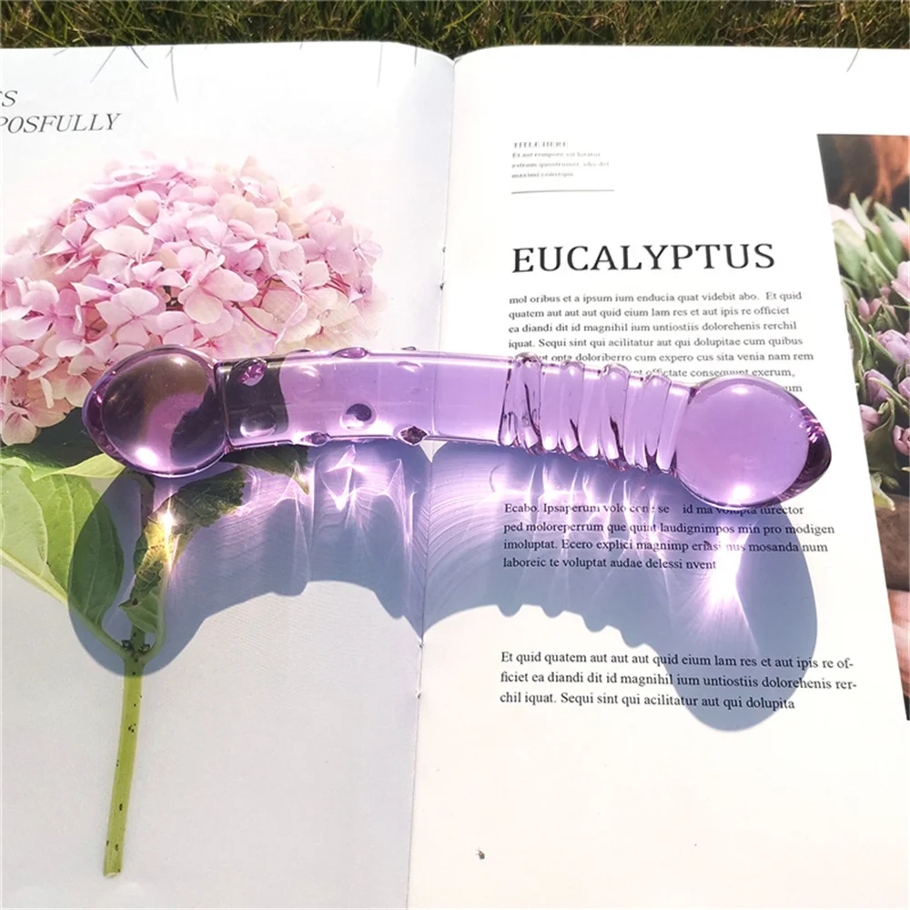 Double Ended Crystal Purple Glass Dildo Pyrex Penis Granule and Spiral G Spot Simulator Adult Sex Toys for Woman