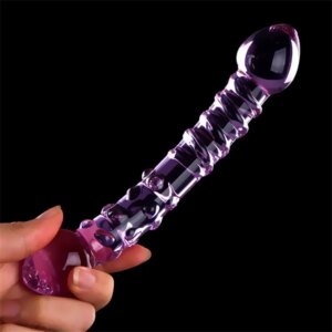 Double Ended Crystal Purple Glass Dildo Pyrex Penis Granule and Spiral G Spot Simulator Adult Sex Toys for Woman