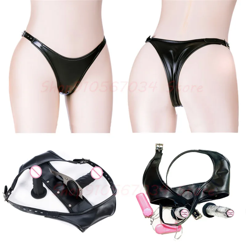 BDSM Bondage Strap-on Butt Plug And Dildo Harness,Strapon Leather Masturbation Chastity Panties with Vibrator,Sexy Toy For Women