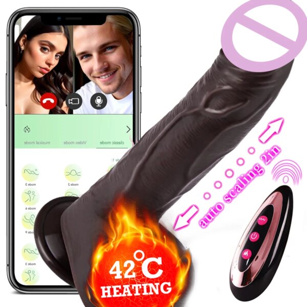 App Thrusting Black Realistic Penis Dildo Sex Toy Female Telescopic Rotation Heating G Spot Clitoral Anal Stimulation Vibrator