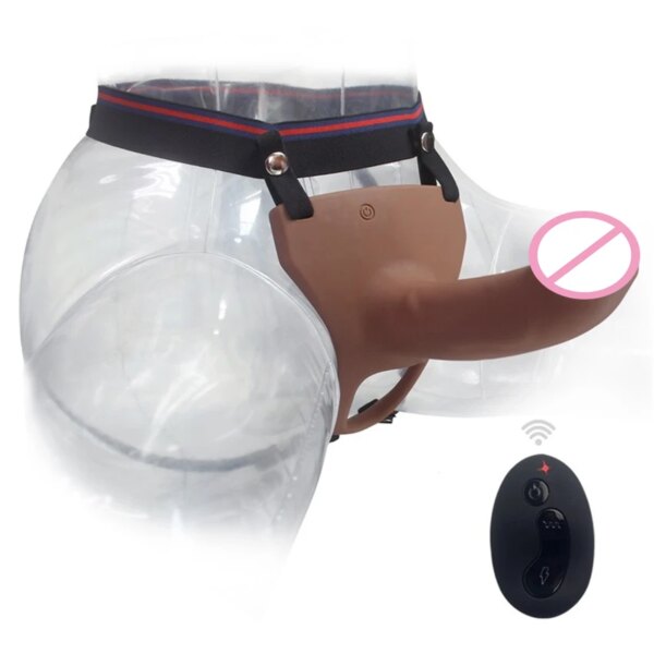 Remote Control Hollow Strapon Dildo Vibrator for Men, Gay Male Penis Extension Vibrating Strap on Dildo with Harness