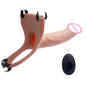 Remote Control Hollow Strapon Dildo Vibrator for Men, Gay Male Penis Extension Vibrating Strap on Dildo with Harness