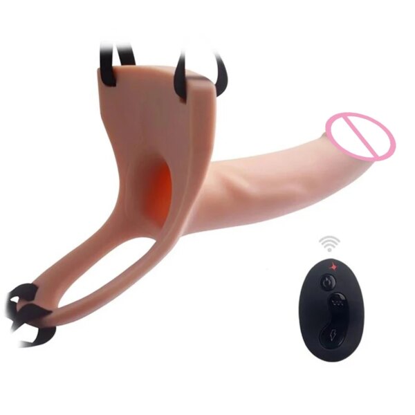 Remote Control Hollow Strapon Dildo Vibrator for Men, Gay Male Penis Extension Vibrating Strap on Dildo with Harness
