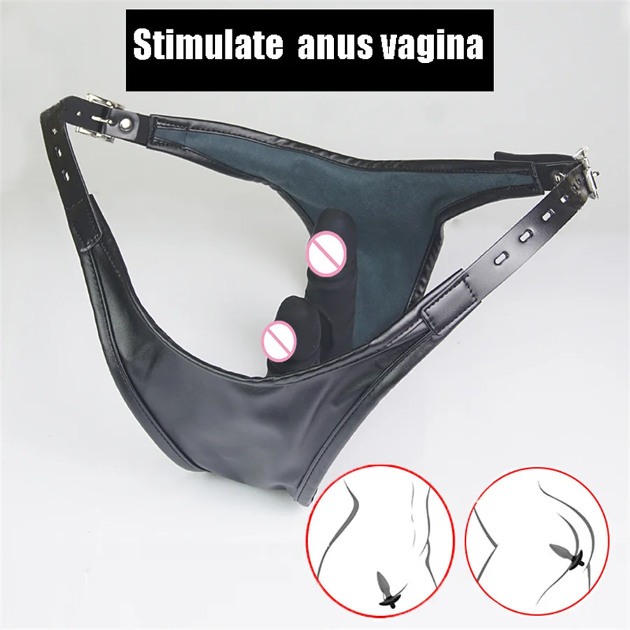 Leather Harness Chastity Panties Strapon Silicone Double Dildos Butt Plug Chastity Belt With Vagina Anal Plug Female Masturbator