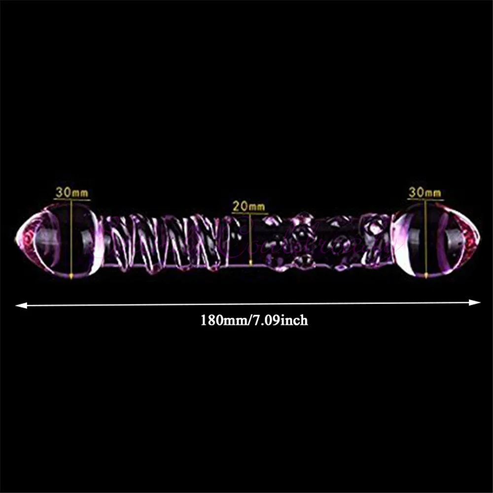 Double Ended Crystal Purple Pyrex Glass Dildo Artificial Penis Granule and Spiral G Spot Simulator Adult Sex Toys for Woman