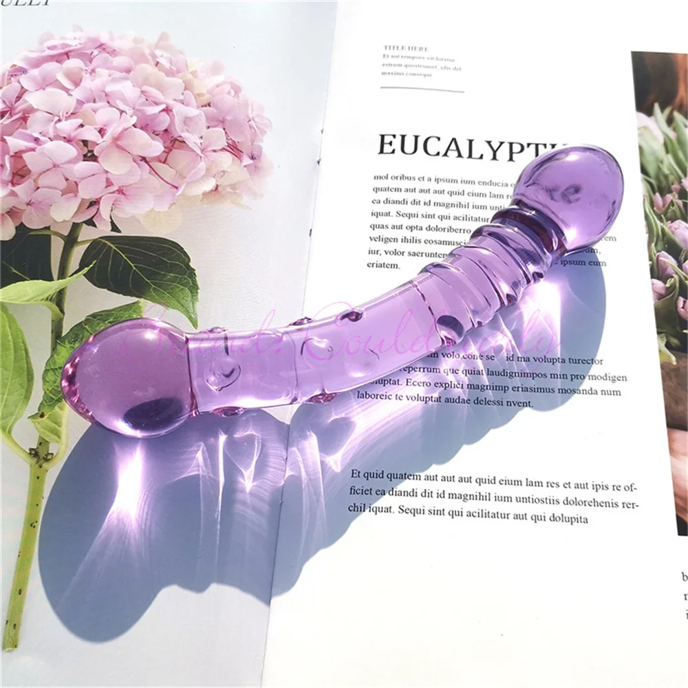 Double Ended Crystal Purple Pyrex Glass Dildo Artificial Penis Granule and Spiral G Spot Simulator Adult Sex Toys for Woman