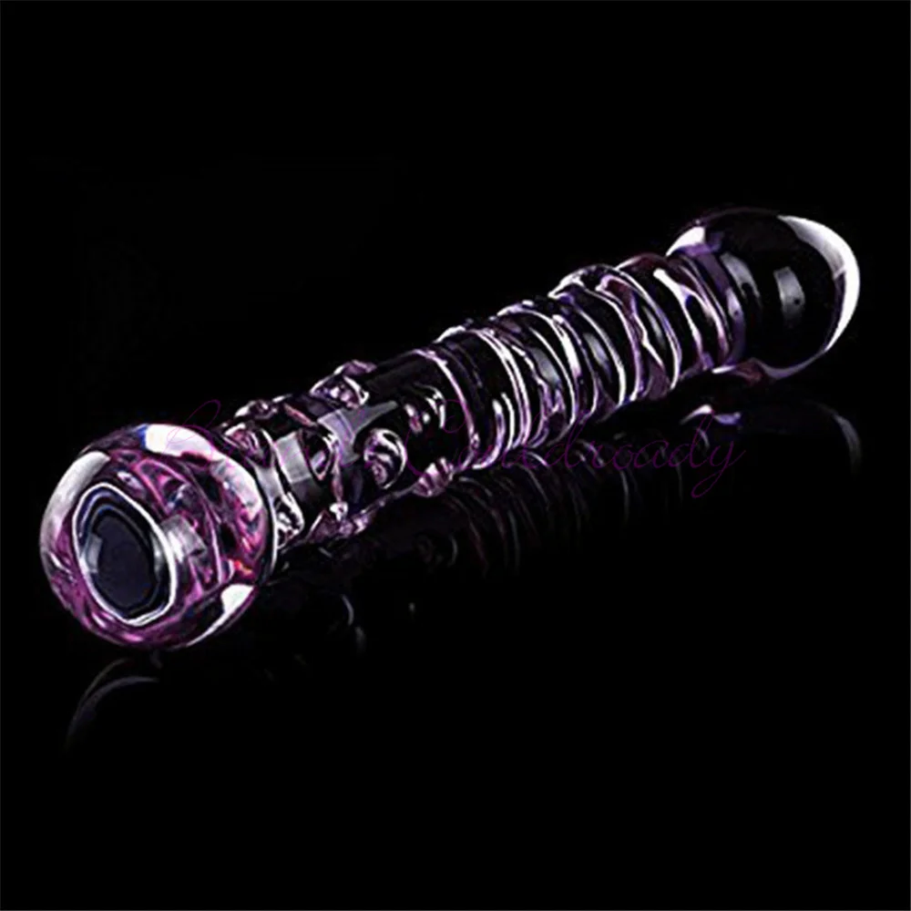 Double Ended Crystal Purple Pyrex Glass Dildo Artificial Penis Granule and Spiral G Spot Simulator Adult Sex Toys for Woman