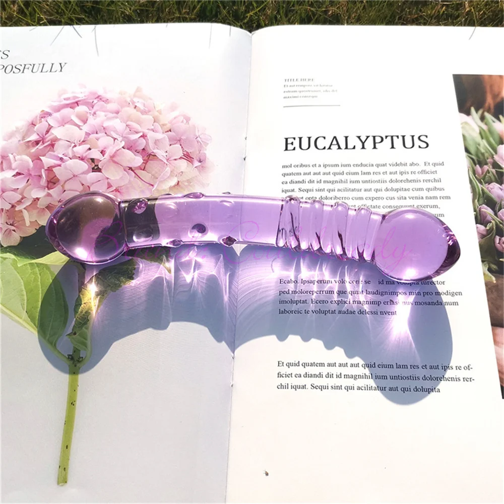 Double Ended Crystal Purple Pyrex Glass Dildo Artificial Penis Granule and Spiral G Spot Simulator Adult Sex Toys for Woman
