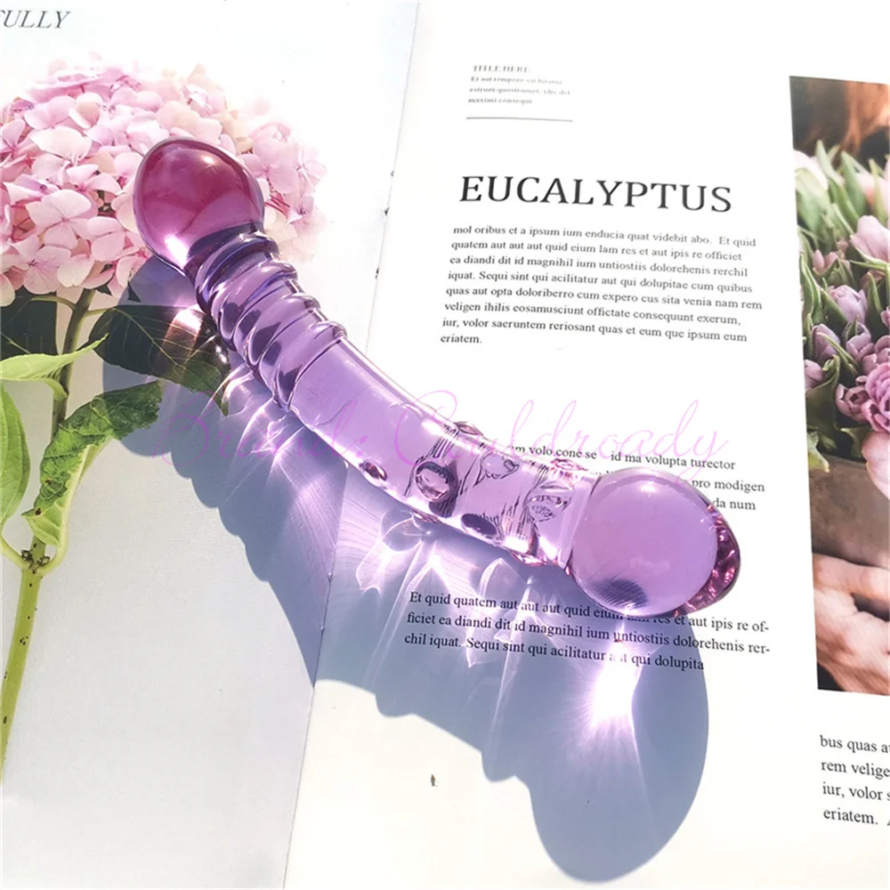 Double Ended Crystal Purple Pyrex Glass Dildo Artificial Penis Granule and Spiral G Spot Simulator Adult Sex Toys for Woman