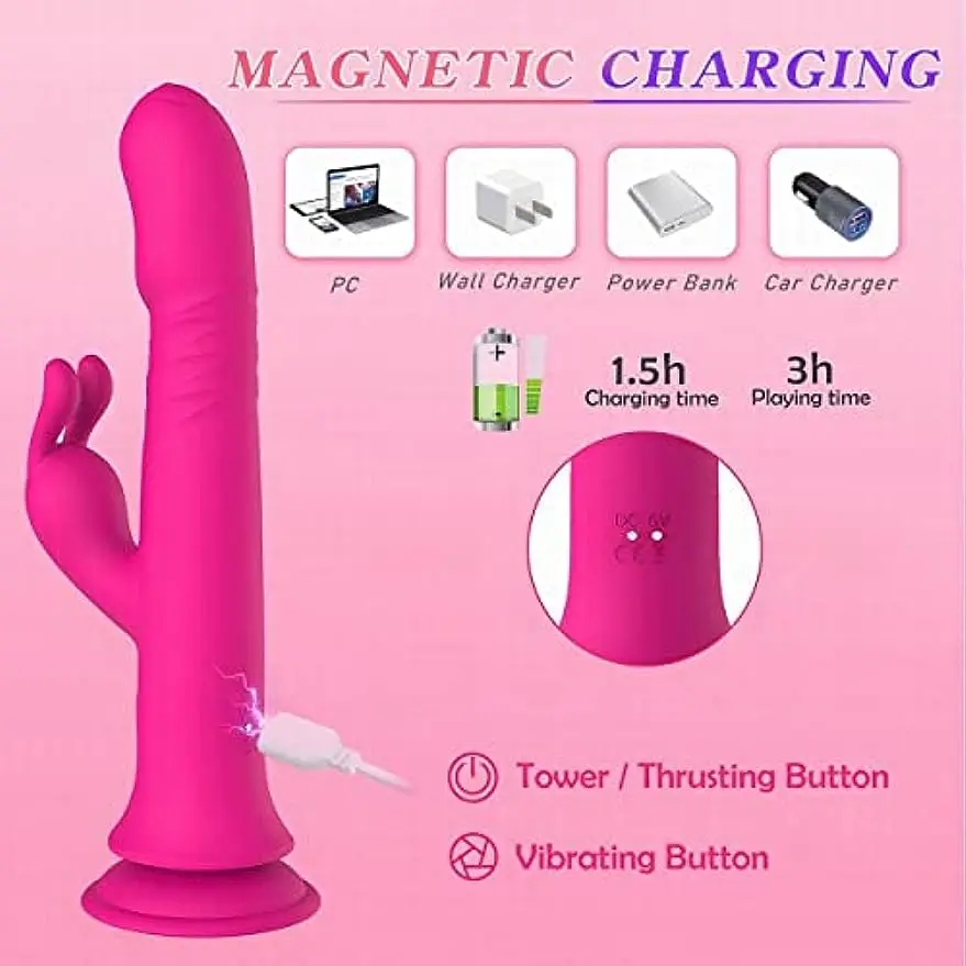 Thrusting Rabbit Vibrator Sex Adult Toys for Women Clitoral Stimulator G-Spot Vibrator with Silicone Suction Cup Dildo