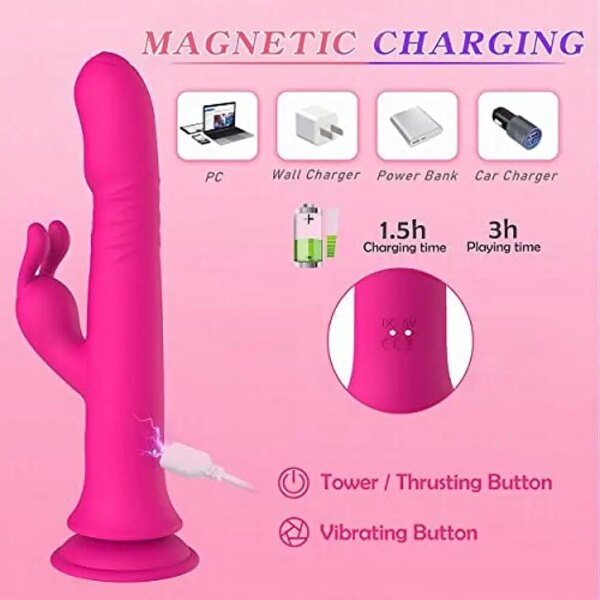 Thrusting Rabbit Vibrator Sex Adult Toys for Women Clitoral Stimulator G-Spot Vibrator with Silicone Suction Cup Dildo