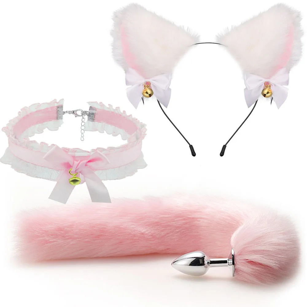 Cute Fox Tail Anal Plug Bow-Knot Soft Cat Ears Headbands Collar Erotic Cosplay Couples Accessories SM Sex Toys for Female Male