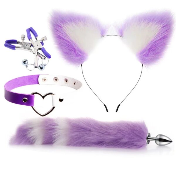 4pcs set fox tail butt plugs women anal sex toys nipple clamps necklace plush cat ear headband set sex toys for couples cosplay