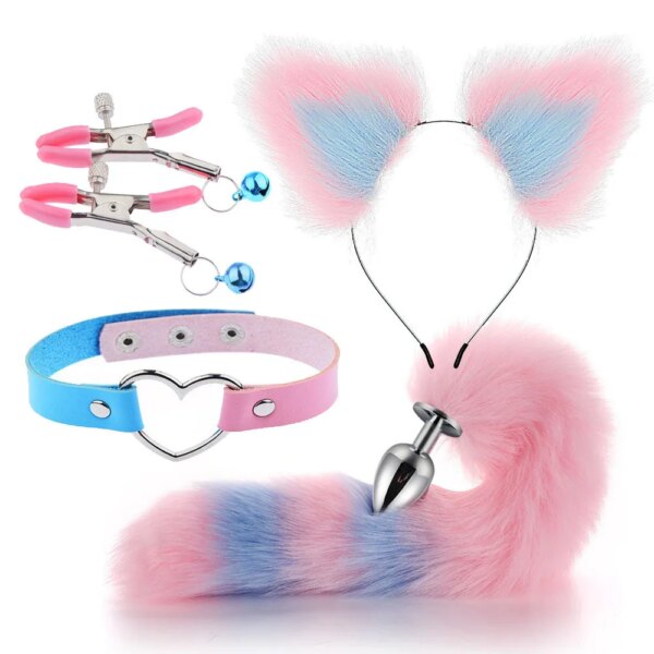 4pcs set fox tail butt plugs women anal sex toys nipple clamps necklace plush cat ear headband set sex toys for couples cosplay