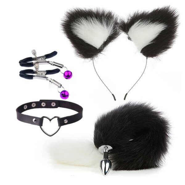 4pcs set fox tail butt plugs women anal sex toys nipple clamps necklace plush cat ear headband set sex toys for couples cosplay