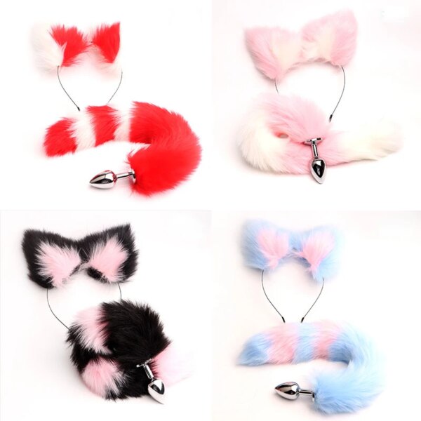 40cm fox tail anal plug sexy plush cat ears headbands set butt plug tail erotic cosplay sex toys for women anal masturbating