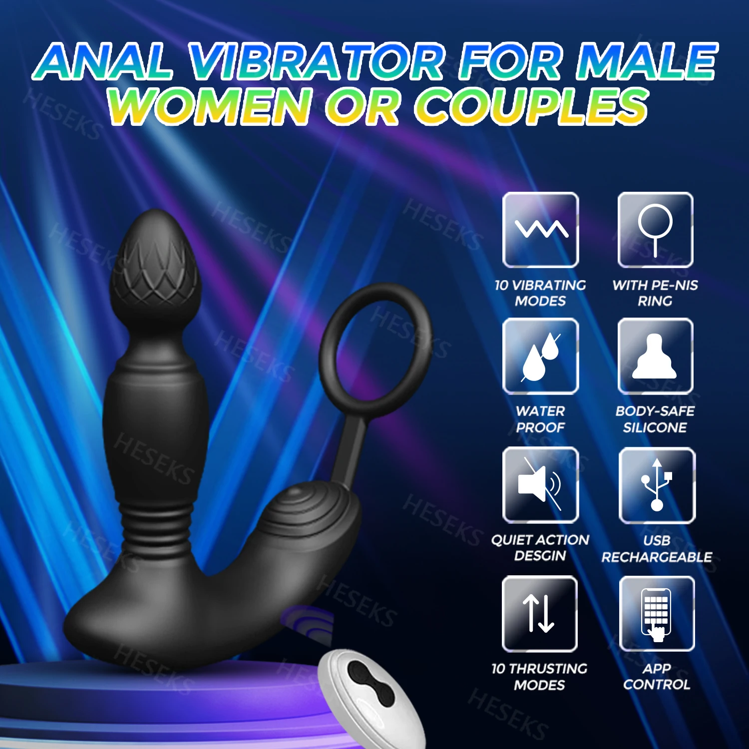 HESEKS Male Thrusting Prostate Massager Wireless Remote Control Anal Plug Dildo Butt Plug Telescopic Cock Ring Sex Toys for Men